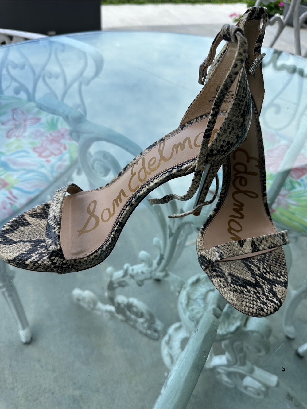 Sam Edelman  Ariella Women's Snake-Print Ankle Tie Sandal in Beige/Black size 9